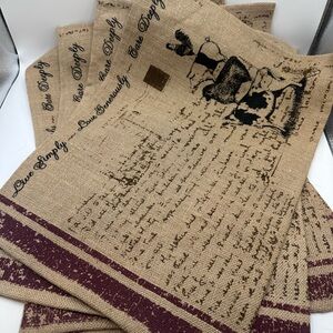 Rustic Burlap Farmhouse Placemats “Love Deeply” Cow Print Set of 6